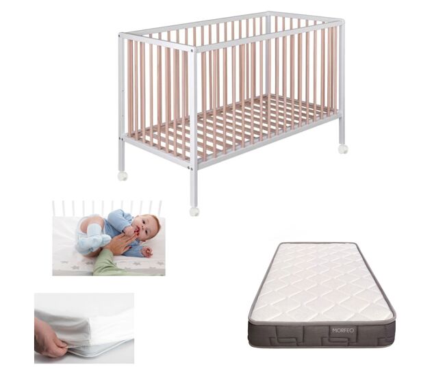 Cuna colecho para bebé laponia con somier de láminas de haya, colchón morfeo, protector colchón y 4 ruedas