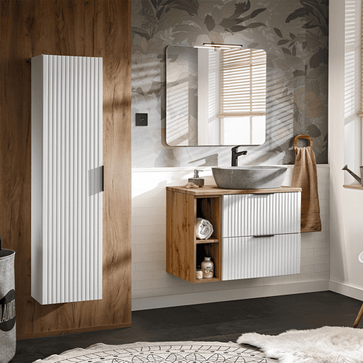 Móvel de lavatório simples com efeito pedra 80cm 2 nichos Adriel White