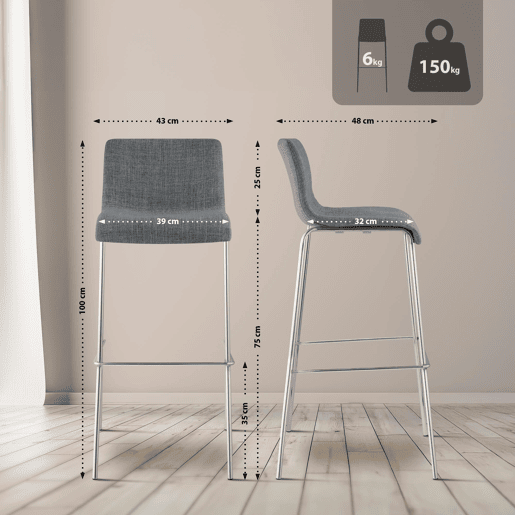 Taburete de bar Hover de tela con base de cuatro patas Gris claro 48X43X100 cm