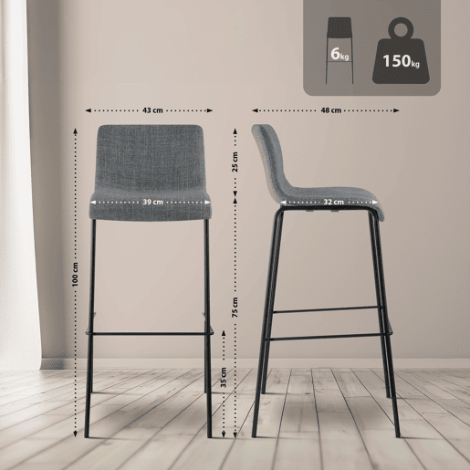 Taburete de bar Hover de tela con base de cuatro patas Gris claro 48X43X100 cm