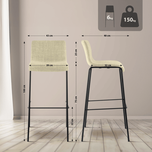 Taburete de bar Hover de tela con base de cuatro patas Crema 48X43X100 cm