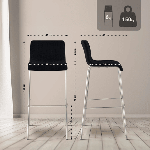 Taburete de bar Hover de tela con base de cuatro patas Negro 48X43X100 cm