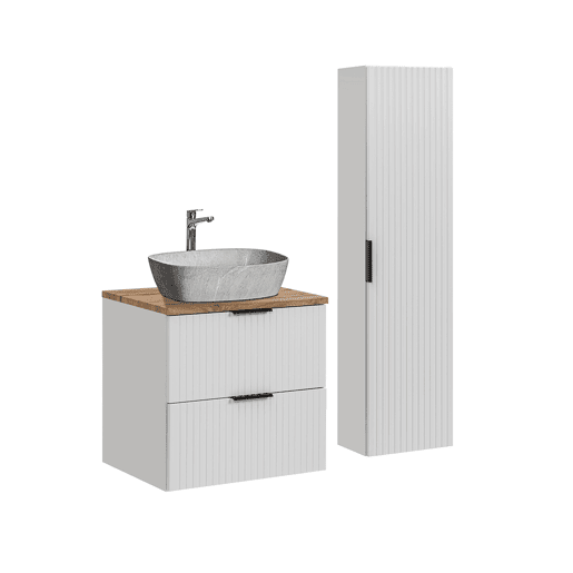 Conjunto móvel lavatório individual 60cm coluna Adriel Branco efeito Pedra