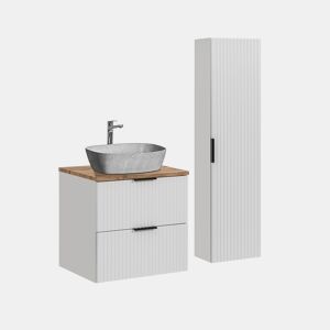 Conjunto móvel lavatório individual 60cm coluna Adriel Branco efeito Pedra