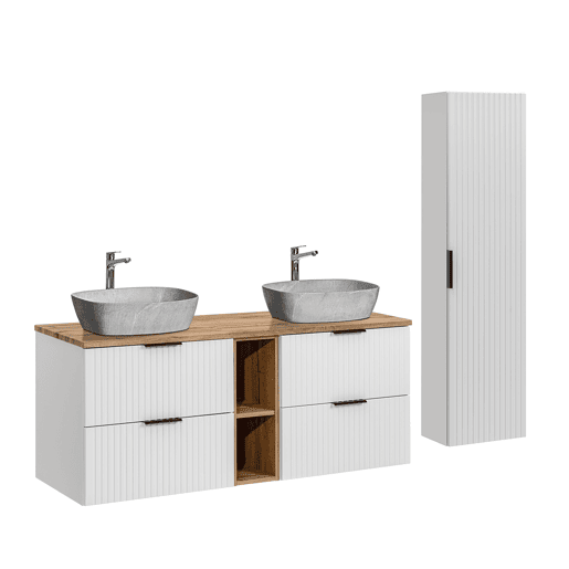 Móvel de lavatório duplo 140cm 2 nichos e pedestal Adriel Branco e efeito pedra