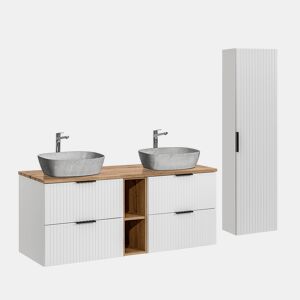 Móvel de lavatório duplo 140cm 2 nichos e pedestal Adriel Branco e efeito pedra