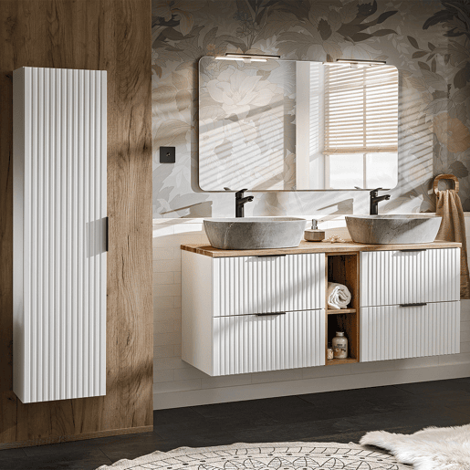 Móvel de lavatório duplo 140cm 2 nichos e pedestal Adriel Branco e efeito pedra