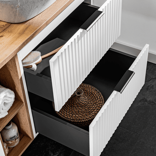 Móvel de lavatório duplo 140cm 2 nichos e pedestal Adriel Branco e efeito pedra