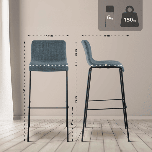 Taburete de bar Hover de tela con base de cuatro patas Azul 48X43X100 cm
