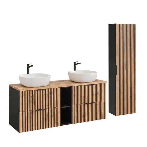 Conjunto móvel lavatório duplo 140cm 2 nichos e coluna Gaia Madeira e Preto
