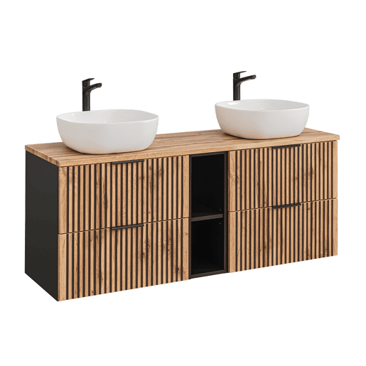 Conjunto móvel lavatório duplo 140cm 2 nichos e coluna Gaia Madeira e Preto