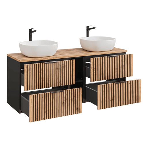 Conjunto móvel lavatório duplo 140cm 2 nichos e coluna Gaia Madeira e Preto