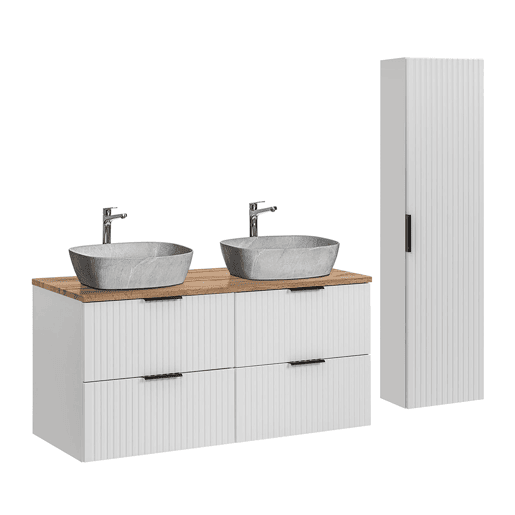 Móvel de lavatório duplo de 120cm e coluna Adriel Branco e efeito Pedra Móvel de lavatório duplo de 120cm e coluna Adriel Branco e efeito Pedra