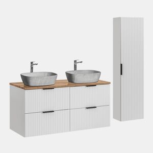 Móvel de lavatório duplo de 120cm e coluna Adriel Branco e efeito Pedra