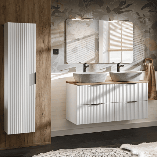 Móvel de lavatório duplo de 120cm e coluna Adriel Branco e efeito Pedra Móvel de lavatório duplo de 120cm e coluna Adriel Branco e efeito Pedra
