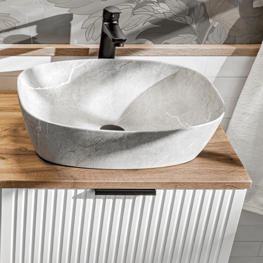 Móvel de lavatório duplo de 120cm e coluna Adriel Branco e efeito Pedra Móvel de lavatório duplo de 120cm e coluna Adriel Branco e efeito Pedra