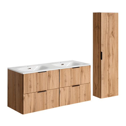 Conjunto móvel lavatório duplo encastrado 120cm coluna Adriel Madeira