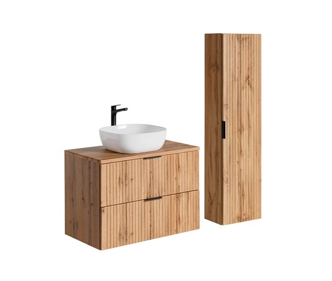 Conjunto mueble lavabo individual de 80 cm y columna adriel madera