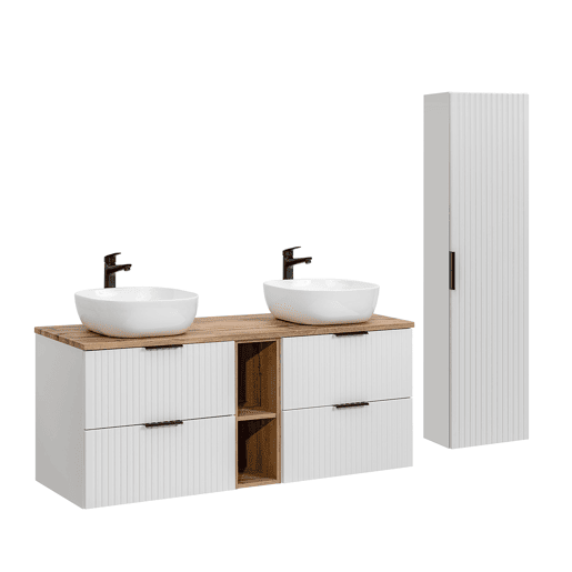 Conjunto móvel lavatório duplo 140cm 2 nichos coluna Adriel Branco