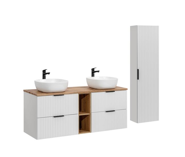 Conjunto mueble doble lavabo 140cm 2 nichos y columna adriel blanco