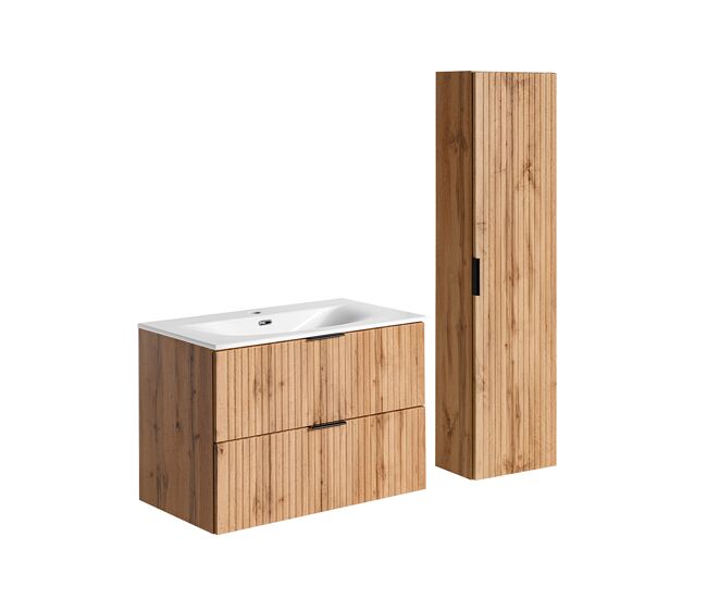 Conjunto mueble lavabo individual encastrado 80 cm y columna adriel madera