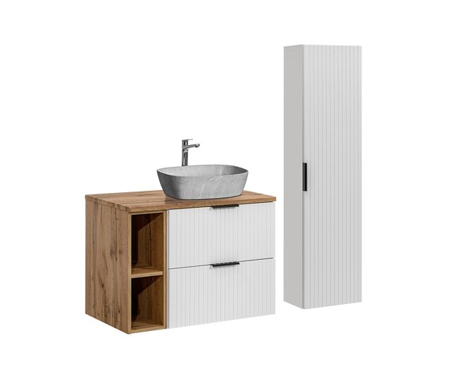 Conjunto mueble lavabo individual 80cm 2 nichos y columna adriel blanco y imitación piedra