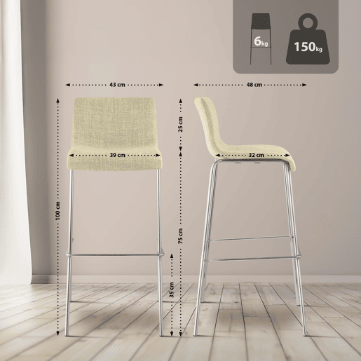Taburete de bar Hover de tela con base de cuatro patas Crema 48X43X100 cm