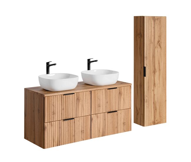Conjunto mueble lavabo doble 120 cm y columna adriel madera