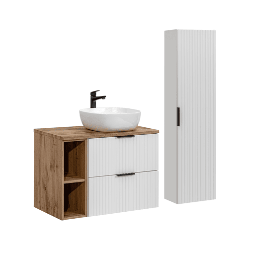 Conjunto móvel lavatório simples 80cm 2 nichos coluna Adriel Branco