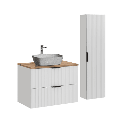 Conjunto móvel lavatório simples 80cm coluna Adriel Branco efeito Pedra