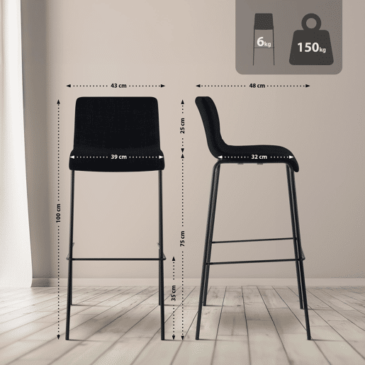 Taburete de bar Hover de tela con base de cuatro patas Negro 48X43X100 cm