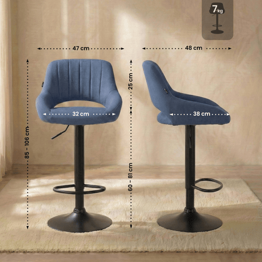 Taburete de bar Milet tapizado en tela Azul 48X47X85 cm