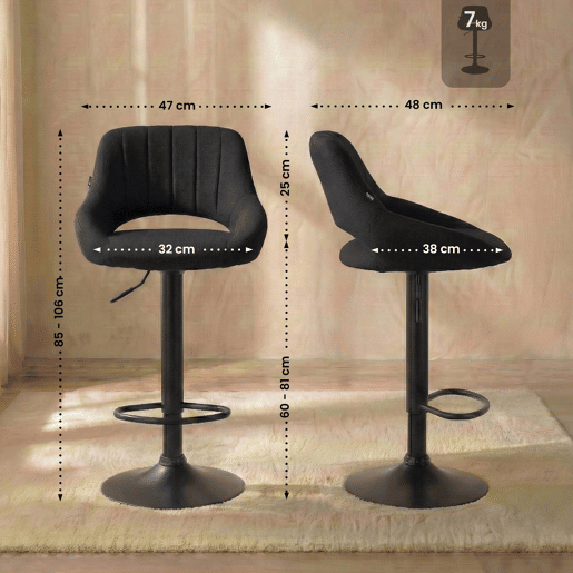 Taburete de bar Milet tapizado en tela Negro 48X47X85 cm