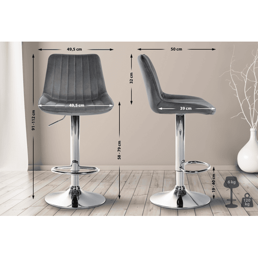 Taburete de bar Toni terciopelo Gris oscuro 50X49.5X91 cm Taburete de bar Toni terciopelo Gris oscuro 50X49.5X91 cm