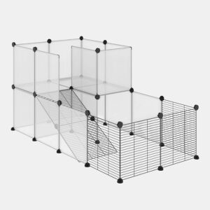 PawHut Recinto para Animais Pequenos Parque para Animais de Estimação com 27 Painéis e Forma Personalizável para Coelhos Chinchilas 140x70x70 cm Transparente e Preto