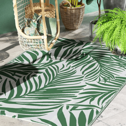 Outsunny Tapete de Exterior 152x243 cm Tapete Reversível com Padrão de Folhas para Varanda Pátio Campismo Praia Verde Escuro e Branco