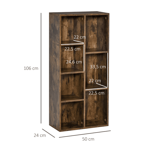 HOMCOM Estante para Livros Estante de Madeira com 7 Compartimentos de Armazenamento Plantas Arquivos para Sala de Estar Dormitório Escritório 50x24x106cm Marrom Rústico