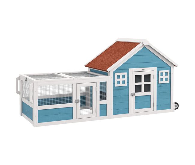 Pawhut conejera exterior de madera 162,5x59,2x77,6 cm jaula para conejo grande con 2 ventanas de decoración 2 ruedas 1 puerta 1 rampa y techo de asfalto azul