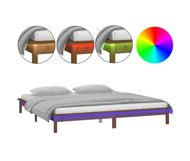 Estructura de cama con led madera maciza marrón miel 200x200 cm