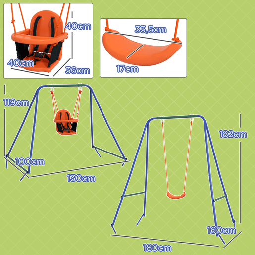 Outsunny Baloiço Infantil 2 em 1 Baloiço para Crianças e Bebés com 1 Assento para Crianças 1 Assento para Bebés e Cinto de Segurança para Exterior e Interior 180x160x182 cm Laranja Outsunny Baloiço Infantil 2 em 1 Baloiço para Crianças e Bebés com 1 Assento para Crianças 1 Assento para Bebés e Cinto de Segurança para Exterior e Interior 180x160x182 cm Laranja