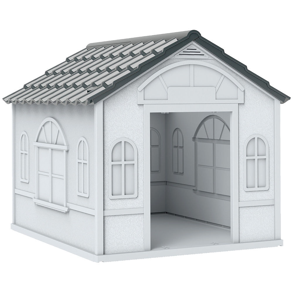 Pawhut caseta para perros medianos 65x75,7x63 cm, casa para perros con patrón de ventana, techo de tejas de imitación, para interior y exterior, gris y blanco