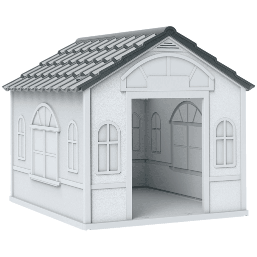 PawHut Casa para Cães 65x75,7x63 cm Casa para Cães com Janelas e Teto com Telhas de Imitação para Cães Médios Cinza e Branco