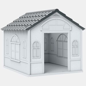 PawHut Casa para Cães 65x75,7x63 cm Casa para Cães com Janelas e Teto com Telhas de Imitação para Cães Médios Cinza e Branco