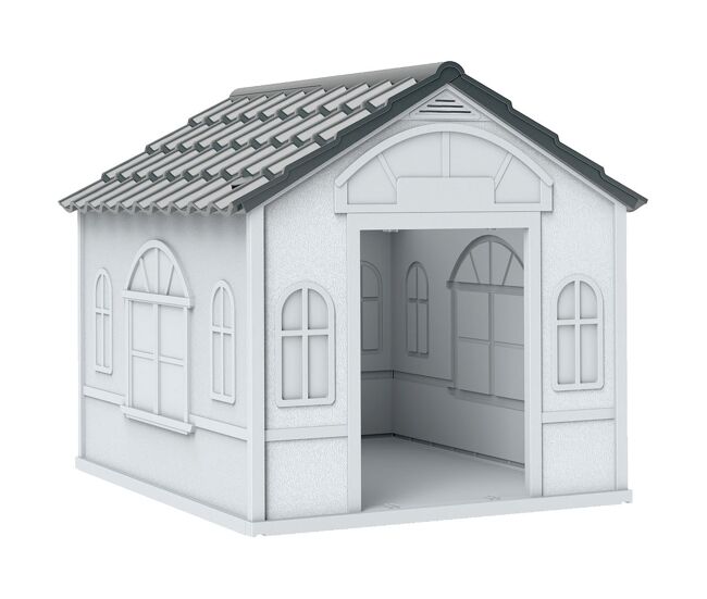 Pawhut caseta para perros medianos 65x75,7x63 cm, casa para perros con patrón de ventana, techo de tejas de imitación, para interior y exterior, gris y blanco