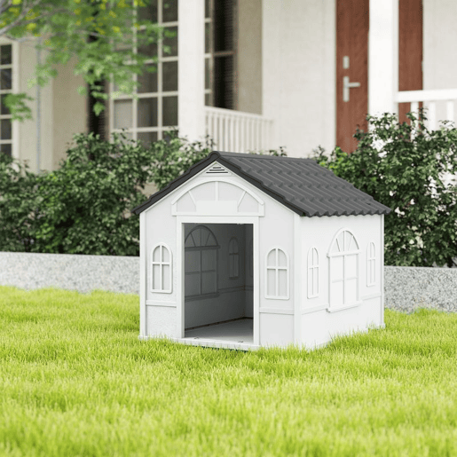 PawHut Casa para Cães 65x75,7x63 cm Casa para Cães com Janelas e Teto com Telhas de Imitação para Cães Médios Cinza e Branco