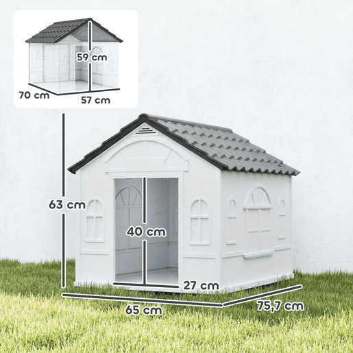 PawHut Casa para Cães 65x75,7x63 cm Casa para Cães com Janelas e Teto com Telhas de Imitação para Cães Médios Cinza e Branco