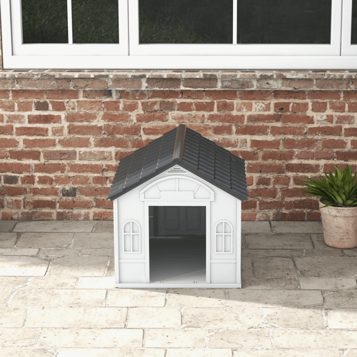 PawHut Casa para Cães 65x75,7x63 cm Casa para Cães com Janelas e Teto com Telhas de Imitação para Cães Médios Cinza e Branco