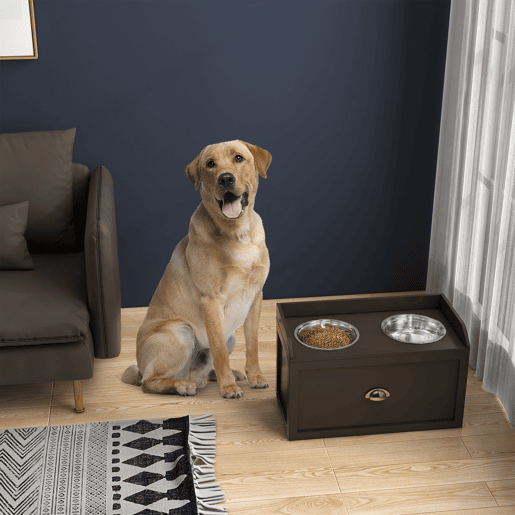 PawHut Comedouro Elevado para Cães Comedouro para Cães com 2 Tigelas 2000ml de Aço Inoxidável Gaveta Oculta com Suporte de Madeira para Animais de Estimação 60x30x36cm Marrom Escuro