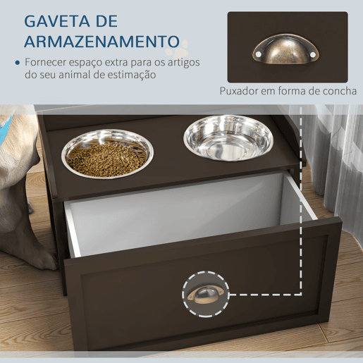 PawHut Comedouro Elevado para Cães Comedouro para Cães com 2 Tigelas 2000ml de Aço Inoxidável Gaveta Oculta com Suporte de Madeira para Animais de Estimação 60x30x36cm Marrom Escuro