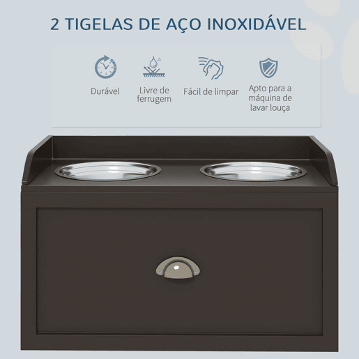 PawHut Comedouro Elevado para Cães Comedouro para Cães com 2 Tigelas 2000ml de Aço Inoxidável Gaveta Oculta com Suporte de Madeira para Animais de Estimação 60x30x36cm Marrom Escuro